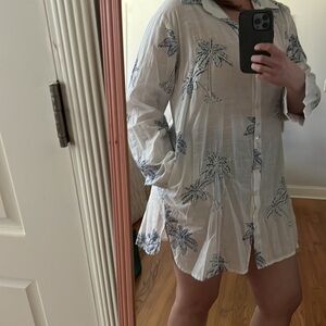 Blue‎ Island Shirt Womens Cotton Beach Swim Cover Up palm trees large